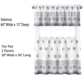 Newbridge Fabric Kitchen Window Curtains, 36 Inch Long Tier Pair and Valance Set, Mykonos Grey Mediterranean, Indoor Stain Resistant No-Iron Fabric Kitchen Curtains, Grey Tile Border