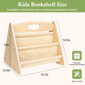 AZSKY Double-Sided Toddler Bookshelf for Kids, Montessori Bookshelf to Display Books, Sling Book Rack Organizer, Playroom Classroom Nursery Book Shelves, Wooden Kid Bookcase for Baby Girl Boy（Beige）