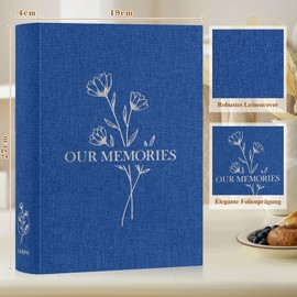 Lanpn Photo Album for DIY Gluing, Small OUR MEMORIES Linen Photo Book 100 White Pages with Parchment Dividers Holds 9 x 13 10 x 15 13 x 18 cm Photos (19 x 27 cm, Blue)