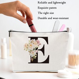 MQBMQB Rose Letter Initial E Makeup Bags for Women Lined Monogram Cosmetic Bag with Zipper Birthday Gifts for Women Girls Bridesmaid Best Friends Sisters, Travel Toiletry Bag, Wedding Gifts