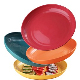 4 Pack 11 Inch Plastic Plates Dinner Plates,Unbreakable Deep Dinner Plates,Reusable,Lightweight Wheat Straw Plates Set,Dishwasher & Microwave Safe,BPA Free