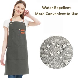 AFUN Chef Aprons for Women Men with Large Pockets, Cotton Canvas Cross Back Water Repellent Work Apron, Size M to XXL (Grey)