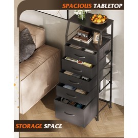 WLIVE Black Fabric Dresser for Bedroom, Tall Nightstand with 5 Drawers & 2 Open Shelves, Modern Night Stand Organizer, Sturdy Steel Frame Bedside Table