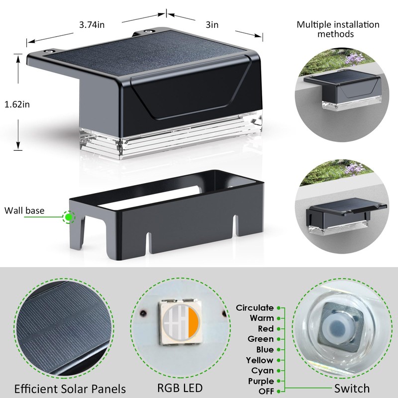 LIANGLOME 12PK Solar Fence Lights Outdoor Waterproof LED - Warm