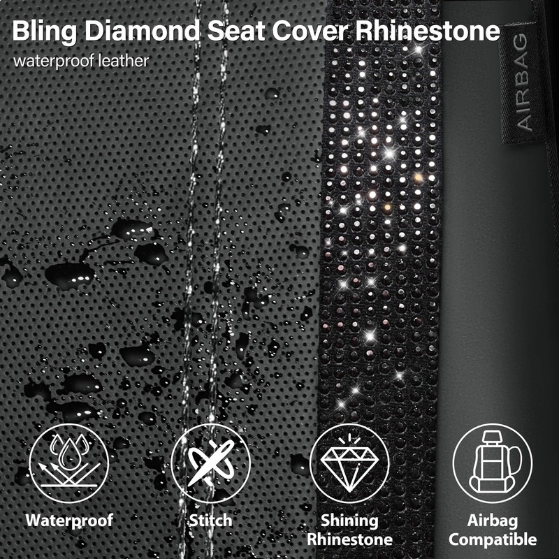 CAR PASS Leather Bling Diamond Car Seat Covers Full Set,