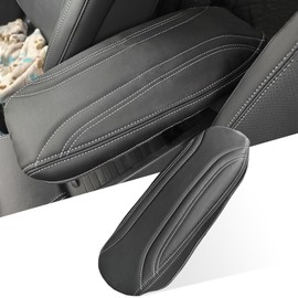 Center Console Cover for Mustang Mach E - [Upgraded] Soft Leather Anti-Slip Armrest Cover Protector for 2021 2022 2023 2024 Ford Mustang Mach-e Interior Accessories (White Stitches)