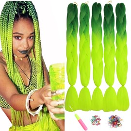 ShowJarlly 5 Packs Ombre Jumbo Braid Hair, Dark Green/Yellow Green Hair African Braid Extension, 24inch Box Braid Hair Extensions Synthetic Colorful Hair Extensions for Braiding