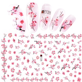 Bellelfin 4 Sheets Flower Nail Stickers, Summer Pink Cherry 3D Self-Adhesive Nail Decals Colorful Floral Nail Art Stickers Plum Blossom Fingernail Stickers for Women Girls Manicure Decorations