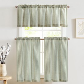jinchan Striped Kitchen Curtains and Valance Set 24 Inch Tier Curtains Ticking Stripe Linen Small Drapes Pinstripe for Cafe Living Room Bathroom Farmhouse 3 Pieces Set Rod Pocket Sage Green