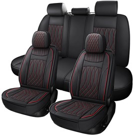 IRONTREE Leather Car Seat Covers Full Set, Waterproof Faux Leather Seat Covers for Cars, Non-Slip Car Interior Covers Universal Fit for Most Cars Sedans Trucks SUVs (Black/Red, Full Set)