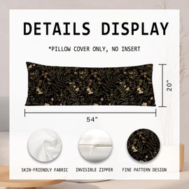 PIUD Moody Floral Botanical 20x54 Body Pillow Cover, Dark Aesthetic Room Decor, Rustic Dark Cottagecore Gold Plants Flower Botanical Decorative Long Body Pillow Cases for Bed Couch