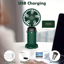 BCRTO Portable Handheld Fan Battery Operated with Base, 8 Hours, Digital Display, 5 Speeds, 90° Ajustable, Rechargeable Mini Fan for Outdoor Indoor