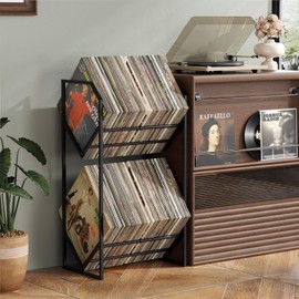 PAPAGIFTREE Vinyl Record Storage Rack, 2-Tier Vinyl Record Stand 200 Lps, Reinforced Design Album Display Shelf for Records Storage and Holder, Metal Records Rack Organizer (2 Tier)
