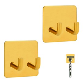 Snailhouse Razor Holder for Shower, 2 Pack Stainless Steel Self Adhesive Bathroom Razor Shaver Towel Hooks Hanger Stand for Wall, Gold