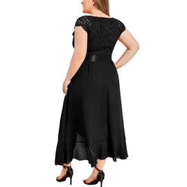 Miusol Women's Plus Size V Neck Floral Lace Ruffle Asymmetrical Hemline Elegant Bridesmaid Party Maxi Dress A-Black