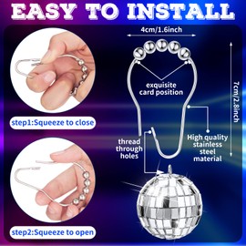 Bokon 12 Pcs Mirror Disco Balls Party Shower Curtain Hooks 70s Theme Party Bathroom Decor Silver Disco Retro Shower Curtain Rings Hooks Stainless Rustproof Bedroom Pendants for Disco Party Supplies