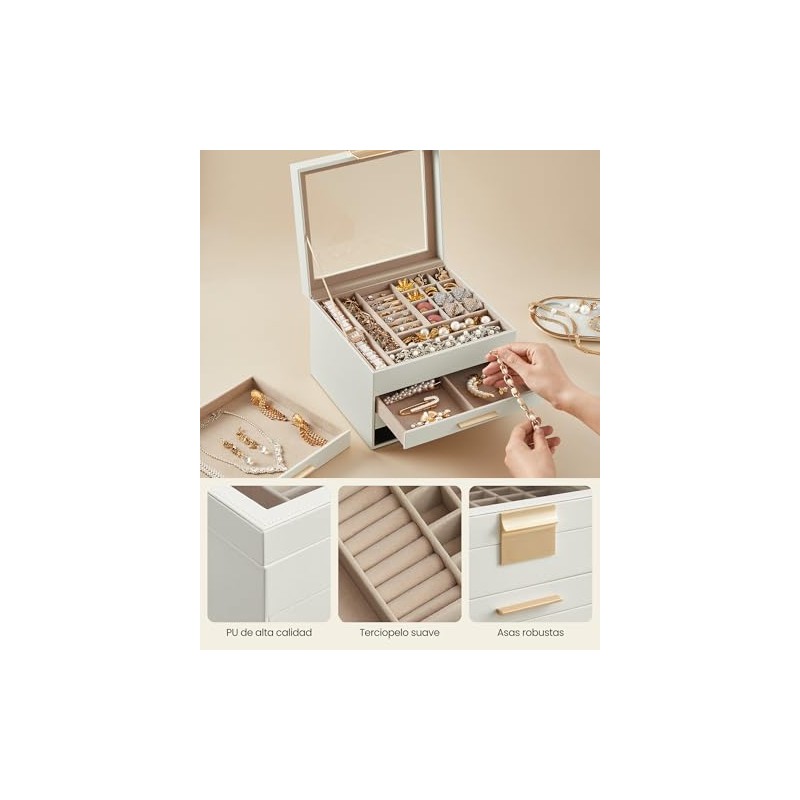 SONGMICS Caja de Joyas, 4 Niveles, Tapa de Cristal, 3