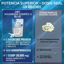 Oby Magnesio Complex 5 tipos: Citrato de Magnesio, Glicinato, Treonato, Taurato, Malato, Vitamina D3 y Espirulina Azul - Alta Pureza, Biodisponibilidad, Absorción. Polvo 600g Sabor Mora Azul, 60 tomas