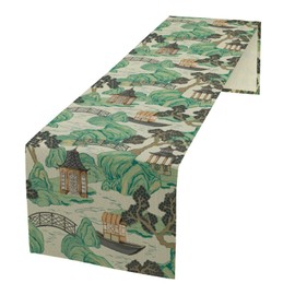 Yearn Jear Asian Landscape Table Runner, Chinoiserie Green MountainsTree Kitchen Dining Table Decoration for Home Party Decor 13x36 Inch