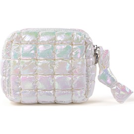 Yarnic Quilted Makeup Bag Cosmetic Bag, Travel Toiletry Bag for Women, Cute Makeup Bag Organizer Puffer Makeup Pouch (Iridescent White, S)