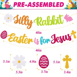 Easter Decoration Silly Rabbit Easter is for Jesus Banner Hello Spring Happy Easter Sunday Garland Eggs Hunting Bunnies Flowers Goodies theme Party Decor