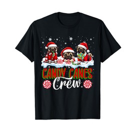 Candies Canes Crew Xmas Three Santa Pugs Holding Candies T-Shirt