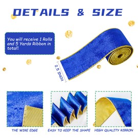 Blue Wide Velvet Ribbon Wired for Christmas Tree, Garland, Wreath, 2.5 Inch 5 Yards