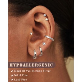 Finrezio 7 Pairs Silver Earrings for Women 925 Sterling Silver 14K Gold Plated Hoop Earrings Hypoallergenic Silver Stud Earrings Set for Multiple Piercings Jewelry