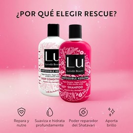 Lu LatinUs Beauty RESCUE Dúo Natural Reparador Shampoo + Acondicionador Anti-Frizz con Keratina Vegana y Shatavari para Cabello Débil, Seco y Dañado Q