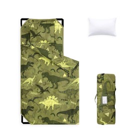 Wake In Cloud - Cot Nap Mat with Pillow and Blanket, for Toddler Kids Boys in Daycare Kindergarten Preschool Pre K with Elastic Corner Straps, Jurassic Dinosaur World Sketch, Army Green