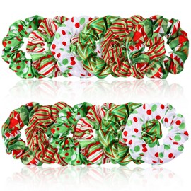 Yinkin 12 Pcs Christmas Lime Green Hair Scrunchies Red Green Silk Scrunchies Satin Hair Ties Elastic Polka Dot Stripe Triangle Christmas Hair Accessories for Thick Ponytail Hair Women Girls Gifts