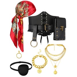 Fourluoo 9 Pcs Pirate Costume Accessories Women Pirate Bandanas Head Scarf Renaissance Corset Belt Pouch Eye Patch Jewelry (Black Red,M:Fit Waist Size 30-36inch)