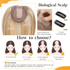 S-noilite Hair Toppers for Women Real Human Hair Topper No Bangs #12P613 Golden Brown & Bleach Blonde clip in topper 6 Inch Hair Pieces for Women with Thinning Hair Silk Base Hair Loss Cover 27g