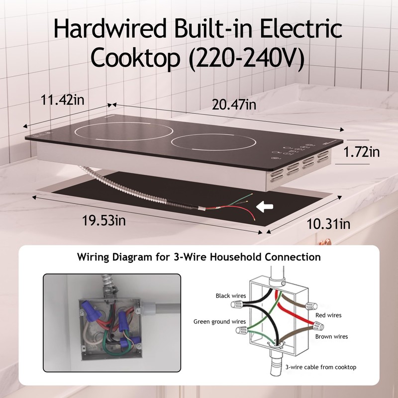 FIREGAS 12 Inch Built-in Electric Cooktop, 2 Burner 3000W, Hardwired
