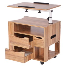 AnRui Adjustable Side Bed Bedside Table Rolling Computer Laptop Desk Nightstand Rotary Mobile Wheeled Home Office Furniture with 2 Drawers Apartment Space Saving Compact Lap Desk