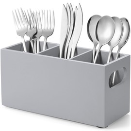DRASTAR Wooden Silverware Caddy, Flatware Cutlery Holder, Kitchen Utensil Holder for Countertop, Silverware Organizer Containers for Party, Gray