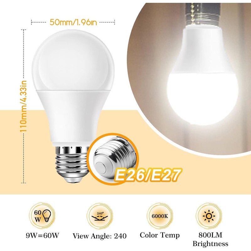 Full Spectrum Light Bulb, 6000K Natural Sunlight Bulbs, 9W 60W