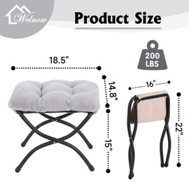 Welnow Folding Foot Stool, Upholstered Small Accent Ottoman with Detachable Thick Cotton Cushion Padded Sofa Stool and Metal Frame for Lazy Chair, Living Room, Bedroom, Plush Grey