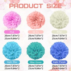 TenaLucy Pack of 16 Pompoms Decoration, Colourful Tissue Paper Party Decoration, Pastel Hanging Paper Flowers for Wedding, Birthday, Table, Baby Shower, Spring, Summer, 20 x 20 cm and 25 x 25 cm