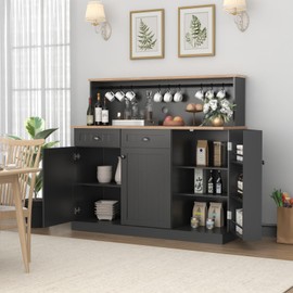 Gyfimoie Sideboard Buffet Cabinet with 2 Drawers, Farmhouse Kitchen Pantry Cabinet with Adjustable Shelves, Coffee Bar Cupboard Cabinet with 3 Doors for Kitchen, Dining Room (Black)