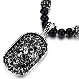 COOLSTEELANDBEYOND Gothic Style Mens Black Onyx Beads Necklace with Stainless Steel Lion Head Shield Pendant