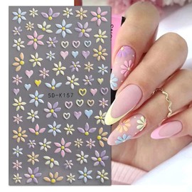 Flower Nail Art Sticker Decals 5D Embossed Colorful Daisy Design Nail Decals Self-Adhesive Nail Art Supplies White Yellow Heart Nail Art Sticker Decoration for Women Manicure Accessories Supplies