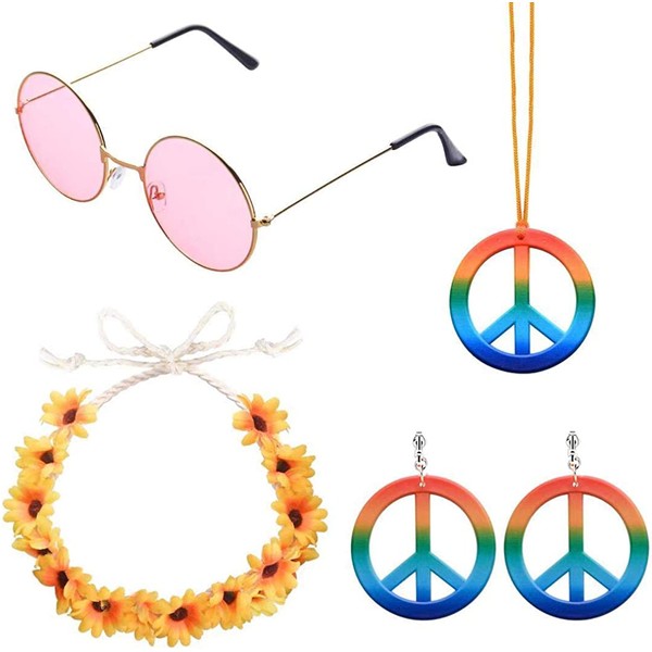 ABOAT 4 Pieces Hippie Costume Set Includes 1 Sets Rainbow Peace Sign Necklace and Earrings, 1 Piece Flower Crown Headband and 1 Pair of Hippie Sunglasses