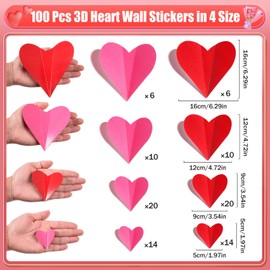 MixTeach 100 Pcs 3D Heart Wall Decorations Valentine's Day Heart Wall Stickers Heart Decals in 4 Sizes Waterproof Wall Decals for Wedding Anniversaries Party Home School Office Decor, Red Pink