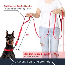 PLUTUS PET Double Handle Dog Leash 6ft,Traffic Padded Two Handle,Heavy Duty,Reflective Dual Handle Dog Leash for Control Safety Training, Red Leash for Large or Medium Dogs,2 Handle Leads(Red)