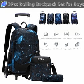 3Pcs Black Galaxy Rolling Backpacks for Boys Middle School Bags Trolley Elementary Bookbags on 6 Wheels