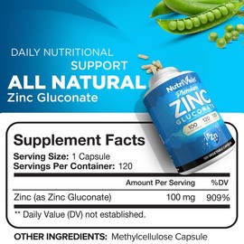 Nutrivein Premium Zinc Gluconate 100mg | Immune System Support & Antioxidant Defense | 120 Vegan Capsules for Daily Immunity and Wellness