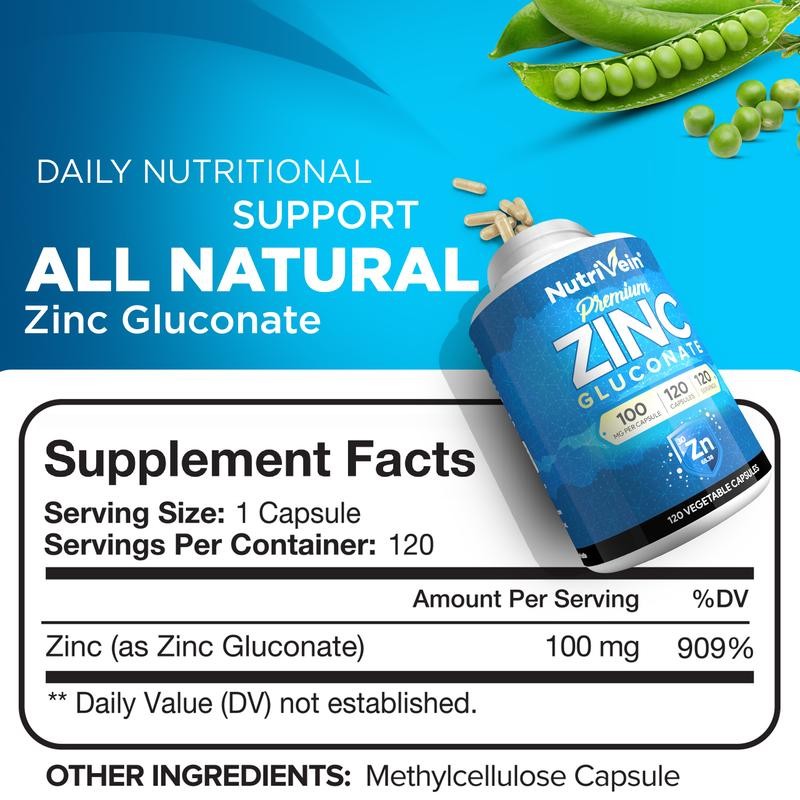 Nutrivein Premium Zinc Gluconate 100mg | Immune System Support &