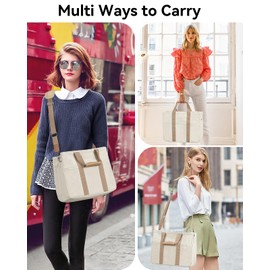 VOFANK Canvas Tote Bag for Women Large Tote Bag with Zipper and Compartments Work Bag Crossbody Shoulder Bag Travel Handbag (Light Khaki, L)