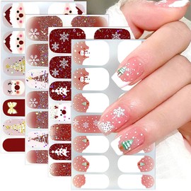 NEWSPIED Christmas Gel Nail Stickers Glitter Snowflakes Nail Wraps Stickers Self-Adhesive Santa Claus Xmas Trees Elk Snowman Nail Design Gel Nail Polish Strips for Christmas Party Nail Decor 4 Sheets